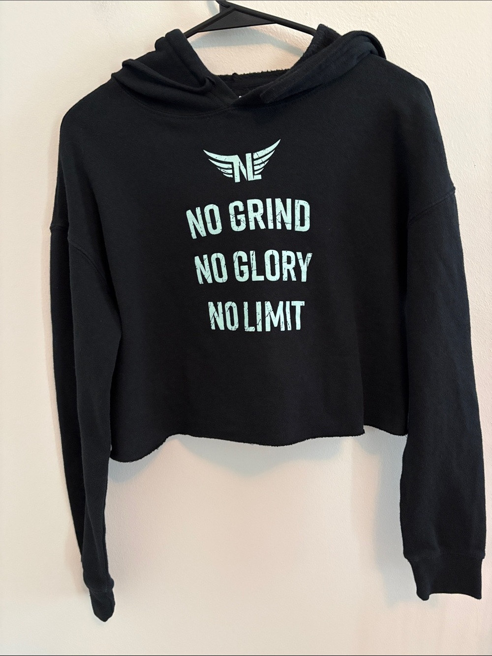 No Limits No Grind No Glory Women's Black Cropped Hoodie with Mint Print